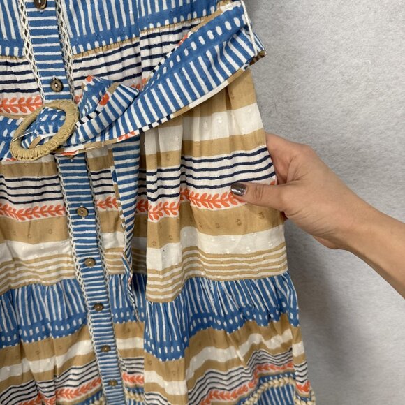 Ash & Eden Shirt Dress Womens Medium Blue Tan Stripe Belted Midi Cotton Collared - Picture 5 of 10